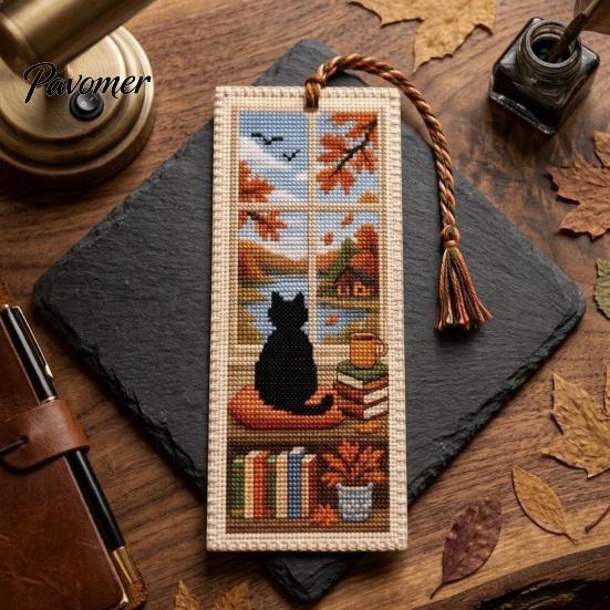 Cross Stitch Bookmark DIY Kit for Adults Beginners, Seasonal Cat Handmade Embroidery Kit, Gifts Lovers, Readers Reading Accessory