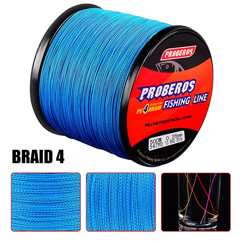 500m PE Dyneema Braided Fishing Line, 4-Strand, Multicolor: Red, Blue, Yellow, Green, Grey - Ideal for Sea Fishing