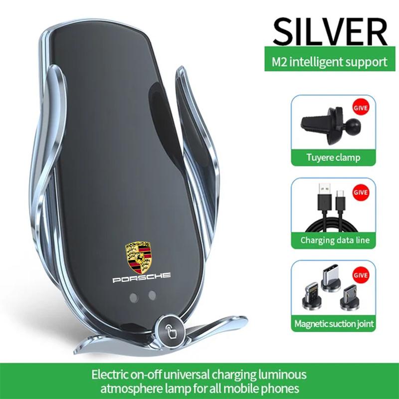 

Car Wireless Charger Phone Holder Charging Portable Bracket For Porsche Cayenne Cayman Panamera Macan Taycan Boxster Accessories срібний