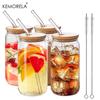 1/4PCS 400ML Glass Cup With Bamboo Lids and Glass Straw Cleaning Brush Beer Can Shaped Tumbler Cup for Cocktail Iced Coffee Cups