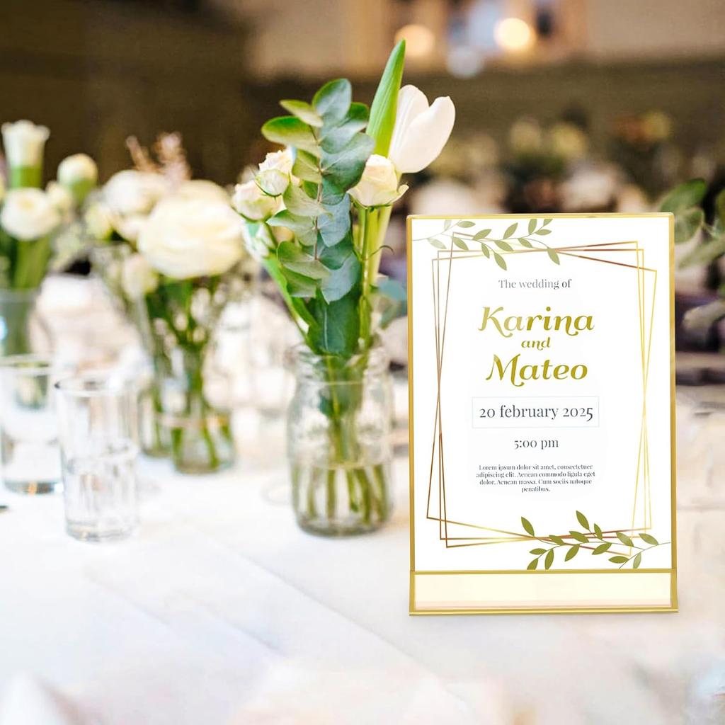 6 Pack Acrylic Gold Sign Holders 5 x 7 Inch Clear Double-Sided Picture Frames Tabletop Menu Display Stands for Table Numbers Photos Restaurants