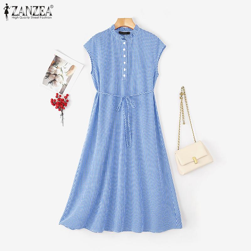 ZANZEA Women Casual Round Neck Summer Sleeveless Plaid Print Dress