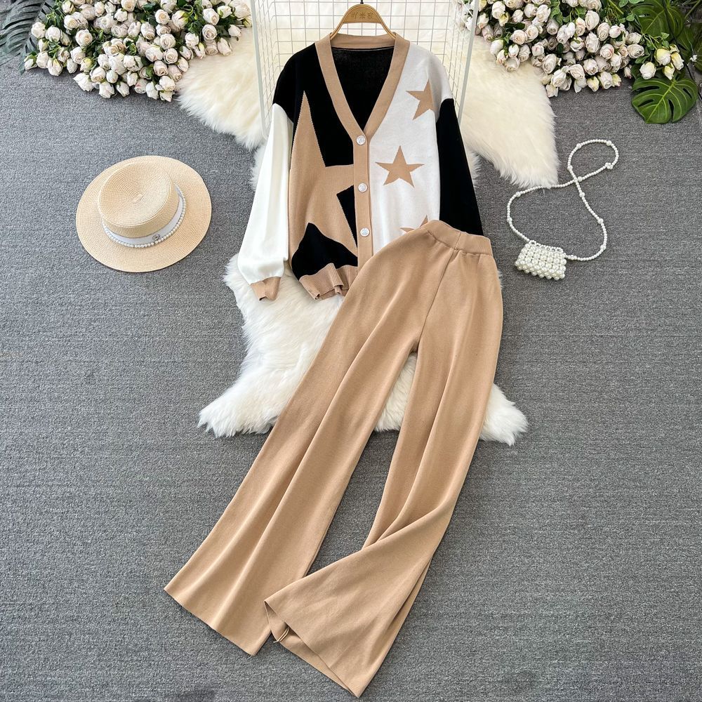 Fashion Suit for Women, Like Long-sleeved V-neck Single-breasted Knitted Jacquard Jacket, Two-piece Set of High-waisted and Thin Wide-leg Pants.