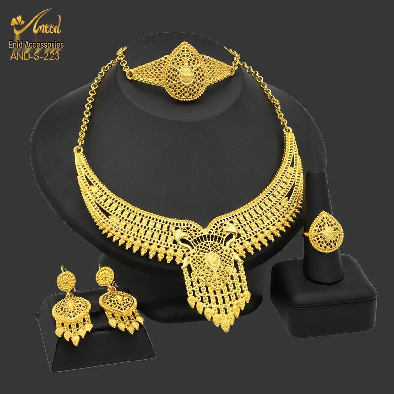 24K Dubai Gold Bridal Jewelry Set: Necklace, Bracelet, Earrings, Ring for African Women