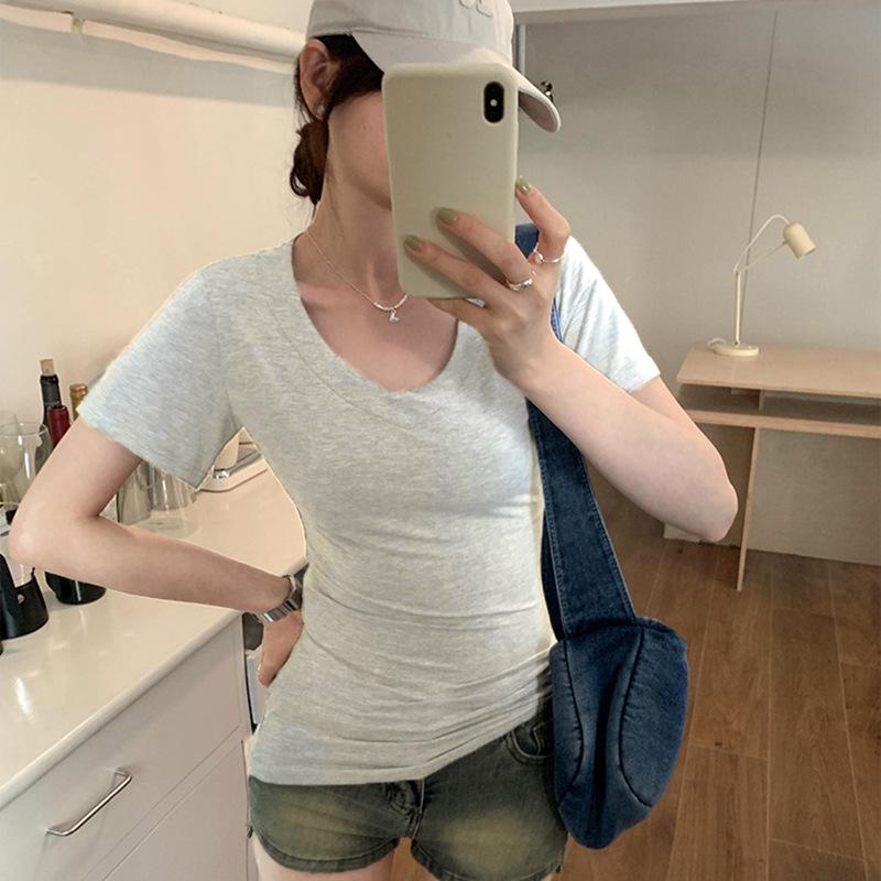 Black V-Neck Short Sleeve Women's Fitted Shoulder T-Shirt