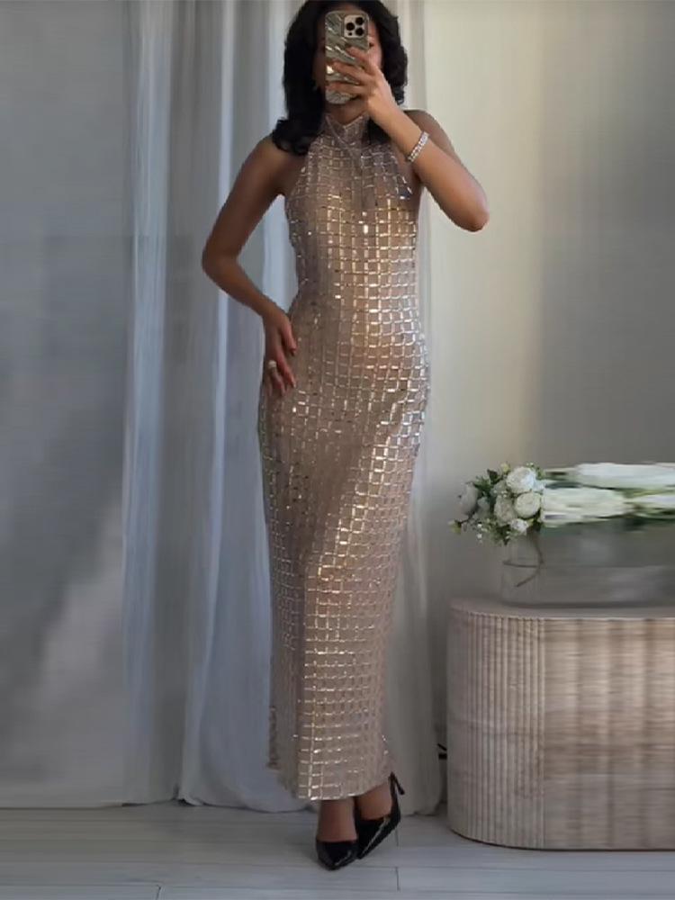 2025 Sleeveless Rhinestone Slim Fit Slit Long Dress for Women