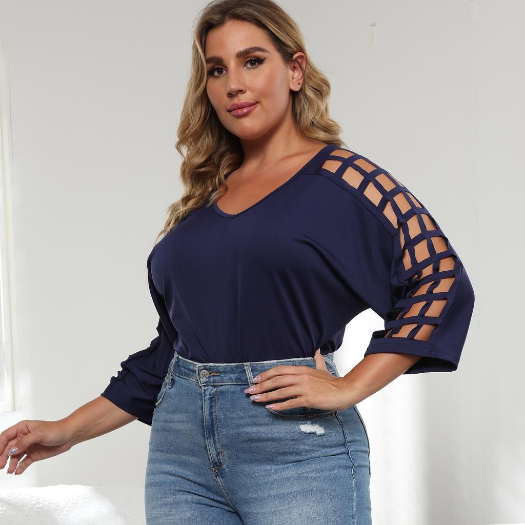 חולצות טי שירט לנשים אביב קיץ סתיו פלוס מידה חלול צווארון V חולצת טריקו חולצה עם שרוולים קצרים