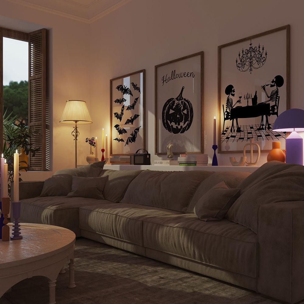 Halloween Gallery Spooky Ghost Poster Drinking Skeleton Art Print Scary Pumpkin Canvas Painting Wall Picture Living Room Decor