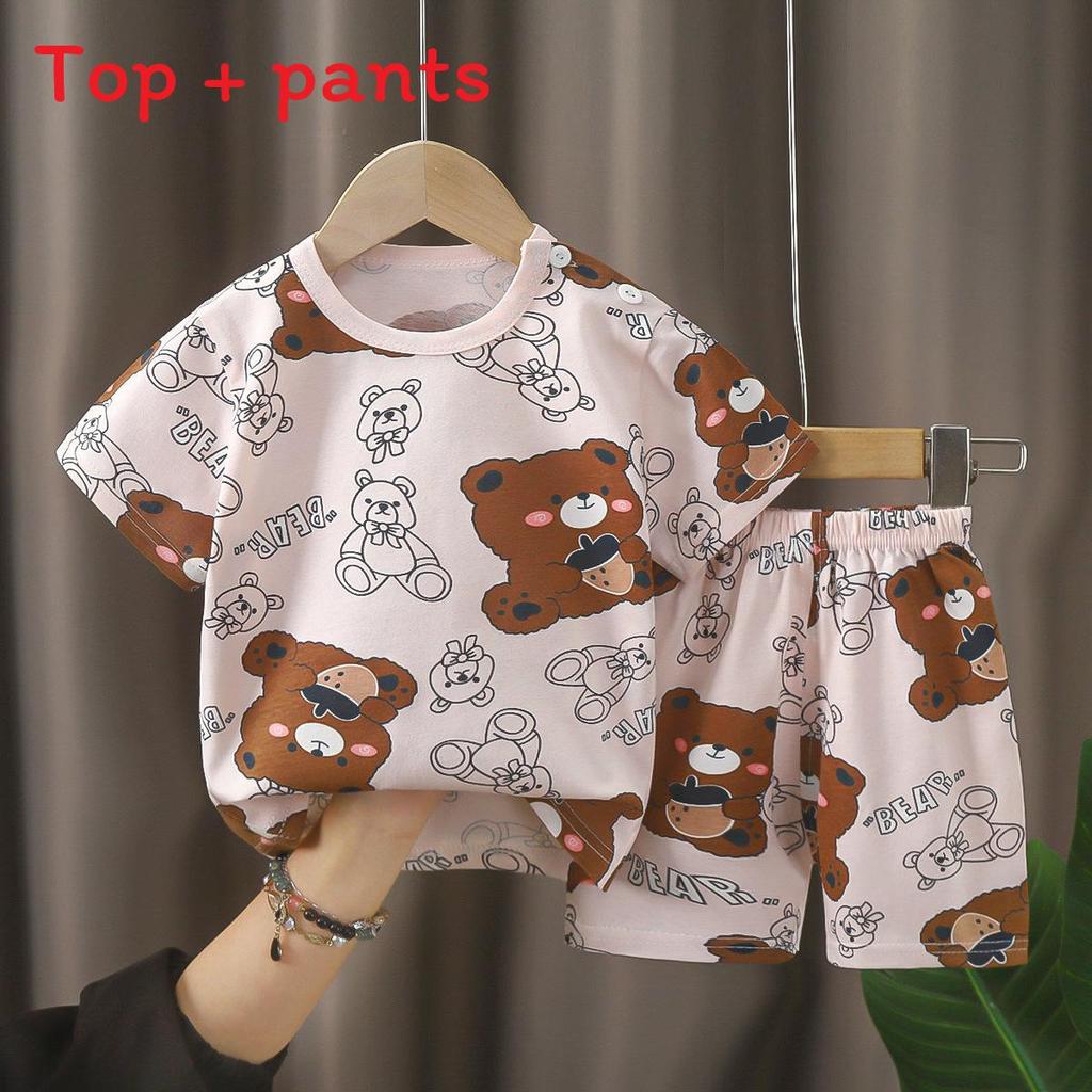 Baby Boy Girl Summer Cotton Short Sleeve Tshirt And Shorts Set With Animal Prints For Toddler Kids
