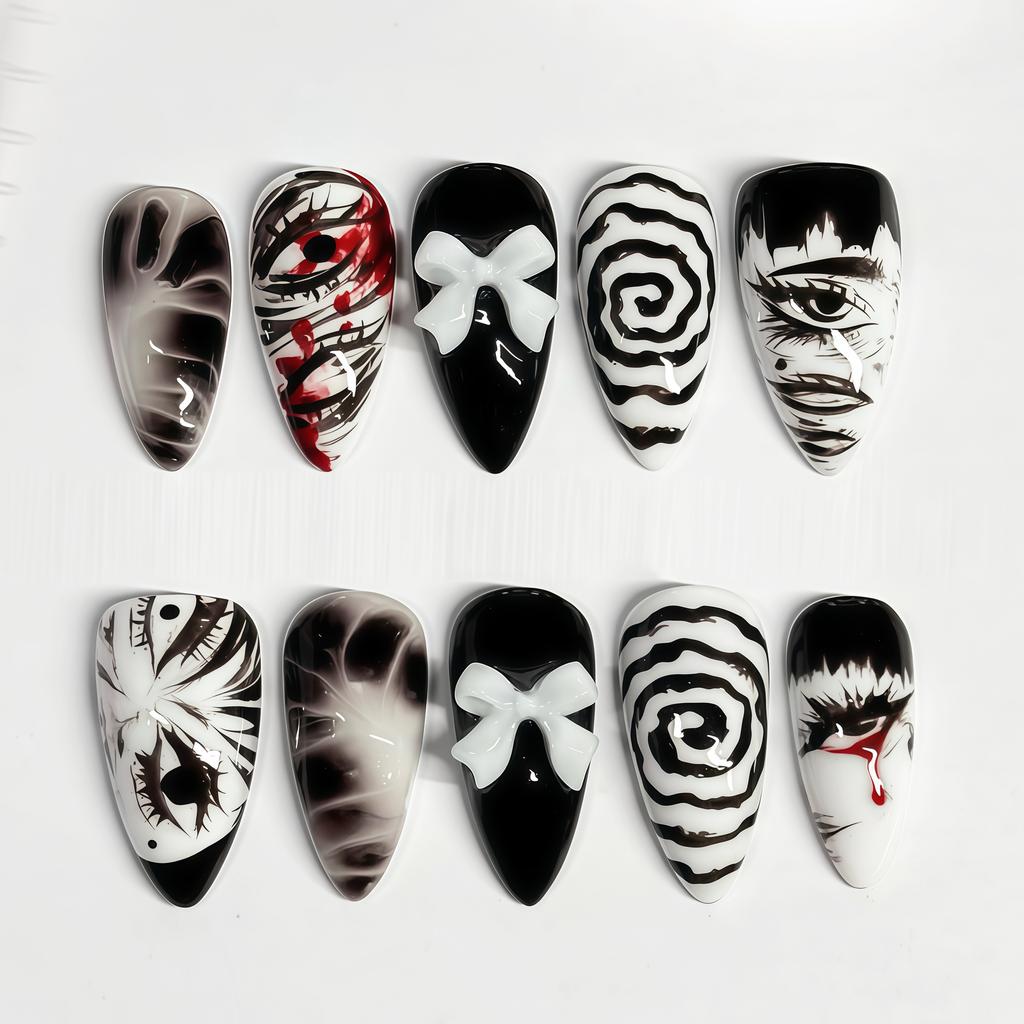 24PCS Gothic Anime Almond Press On Nails Sweet Cool Dark Comic Black Eye False Nails with Red Gyaru Nails Full Cover Wearable