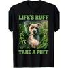 European Sizes Men's Crew Neck T-Shirt | "Life'S Ruff Take a Puff" Slogan with Pitbull Dog & Leaf Print