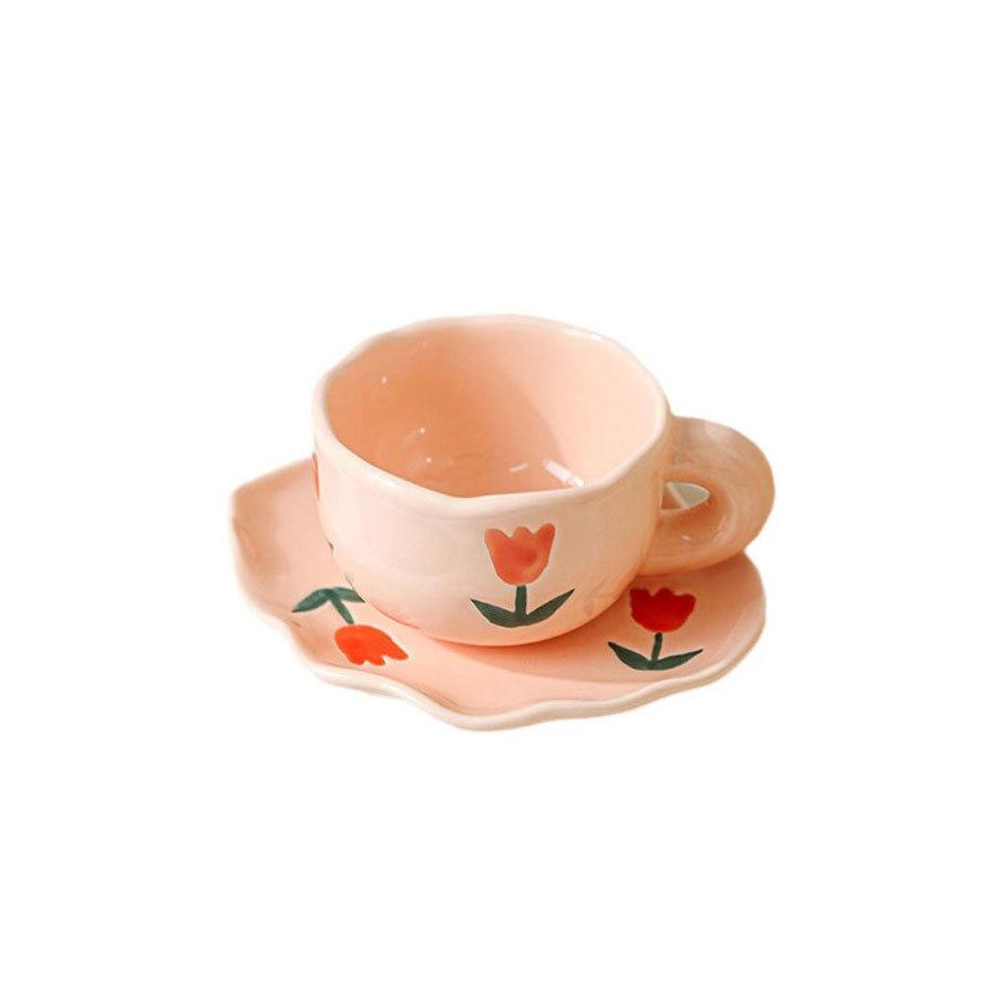 Girl'S Heart Hand-Painted Tulip Orange Bear Flower White Cloud Coffee Cup And Saucer Underglaze Irregular Ceramic Cup And Saucer