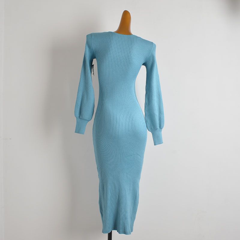 Western Style Gyaru Sexy V-neck Twisted Lantern Sleeve Knitted Dress Women Clothes Spring and Autumn Slim Fit Slimming One-Step Skirt