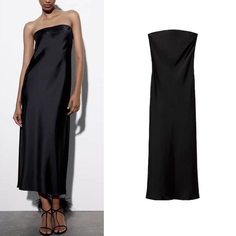 Summer French Suit Tube Top Silk Satin Texture Black Dress