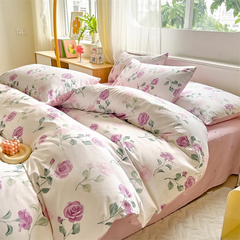 Bedding Four-piece Set, Cotton Pure Cotton Floral Quilt Cover, Bed Sheet Dormitory Three-piece Set