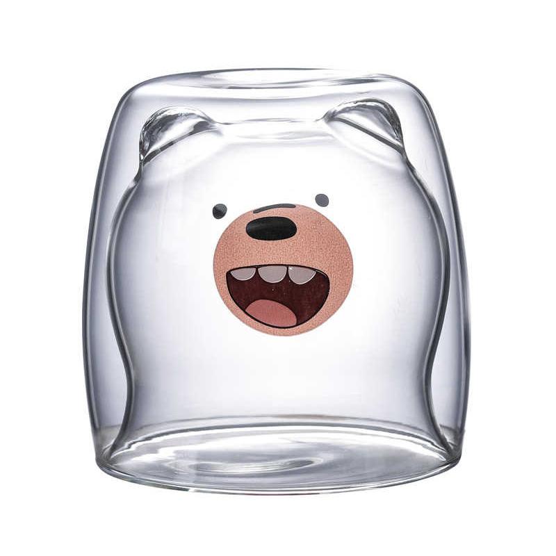 Doppelwandige hitzebeständige Tasse aus Borosilikatglas mit Bärenmotiv, Cartoon-Kaffeetasse, Saft-Milch-Tasse