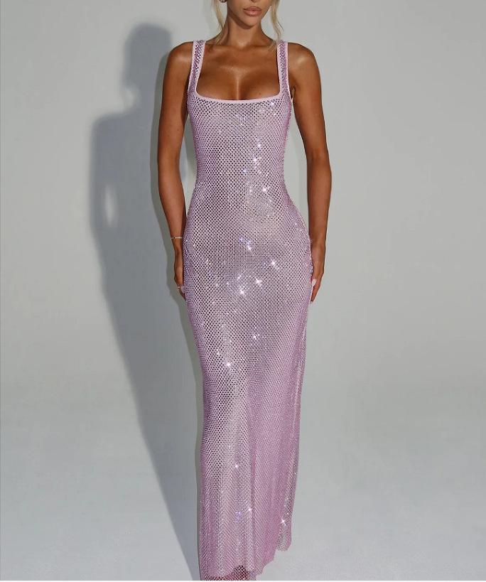 Sexy Shoulder Strap Sequined Mesh Diamond Suspender Dress Women's Spring and Summer New Temperament Waist Pullover Hip Skirt