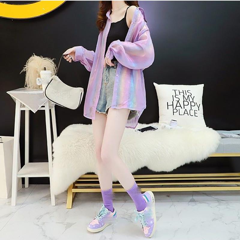 

Солнцезащитная рубашка женская летняя тонкая свободная фиолетовая рубашка средней длины с длинными рукавами дизайн нишевый и знакомый S