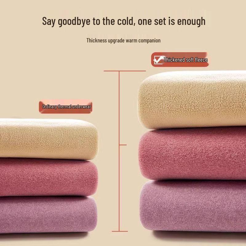 Women's Plus Size Fleece-Lined Lambswool Dralon Crew Neck Warm Underwear Set for Winter Cold Protection