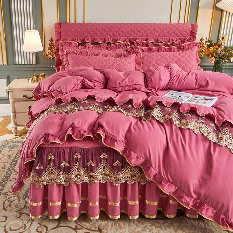 European solid color washed padded bed skirt four-piece set lace lace princess wind bed cover non-slip fixed Nordic