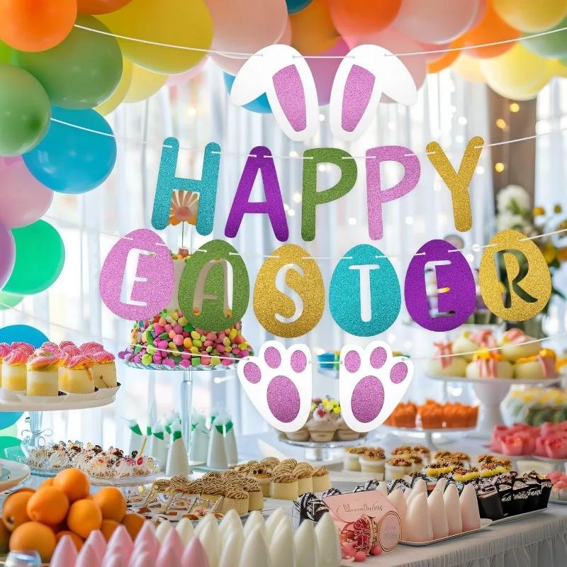 1-10Sets Easter Banner Happy Easter Bunny Bunting Party Background Wall Decorations Festive Garland Hanging Supplies