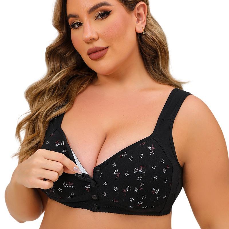 Styling cup front buckle medium and old underwear women's printing without steel ring wide shoulder strap vest new large size bra