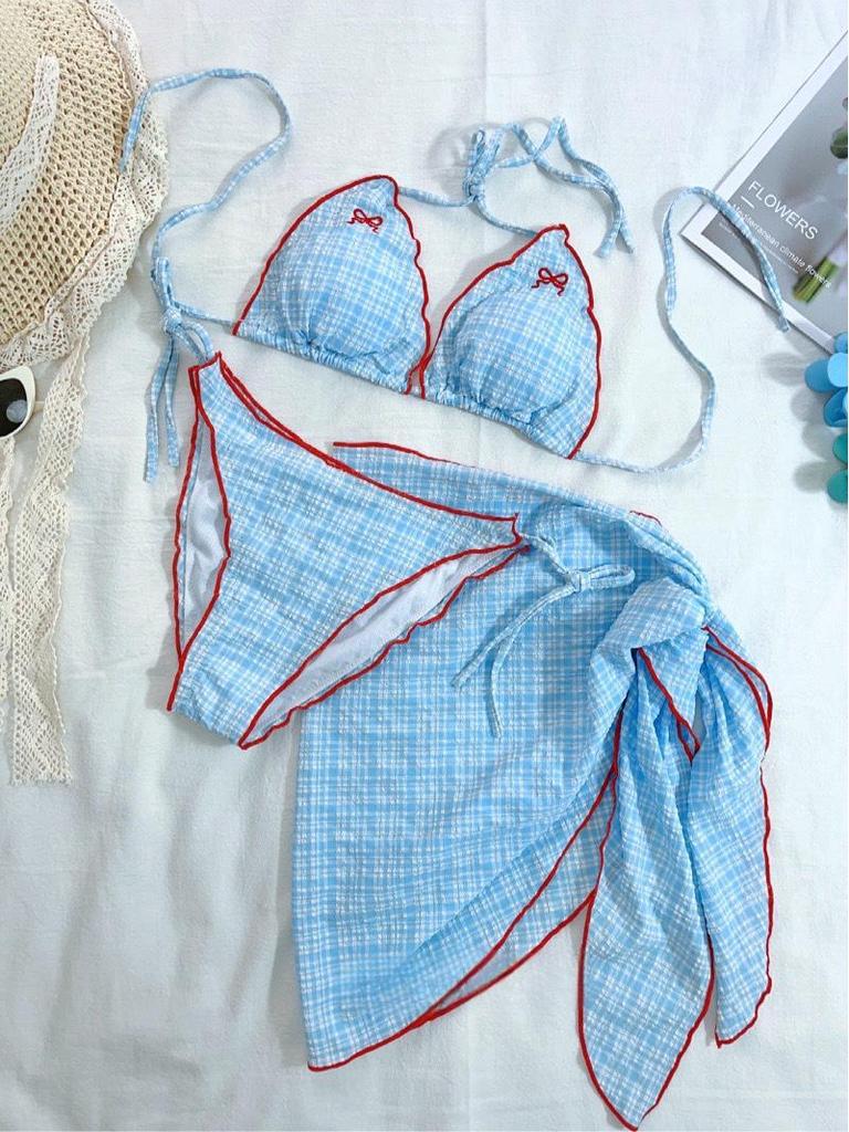 Korean Dongdaemun Plaid Bikini Three-Piece Swimsuit - Sweet and Lovely Style for Women