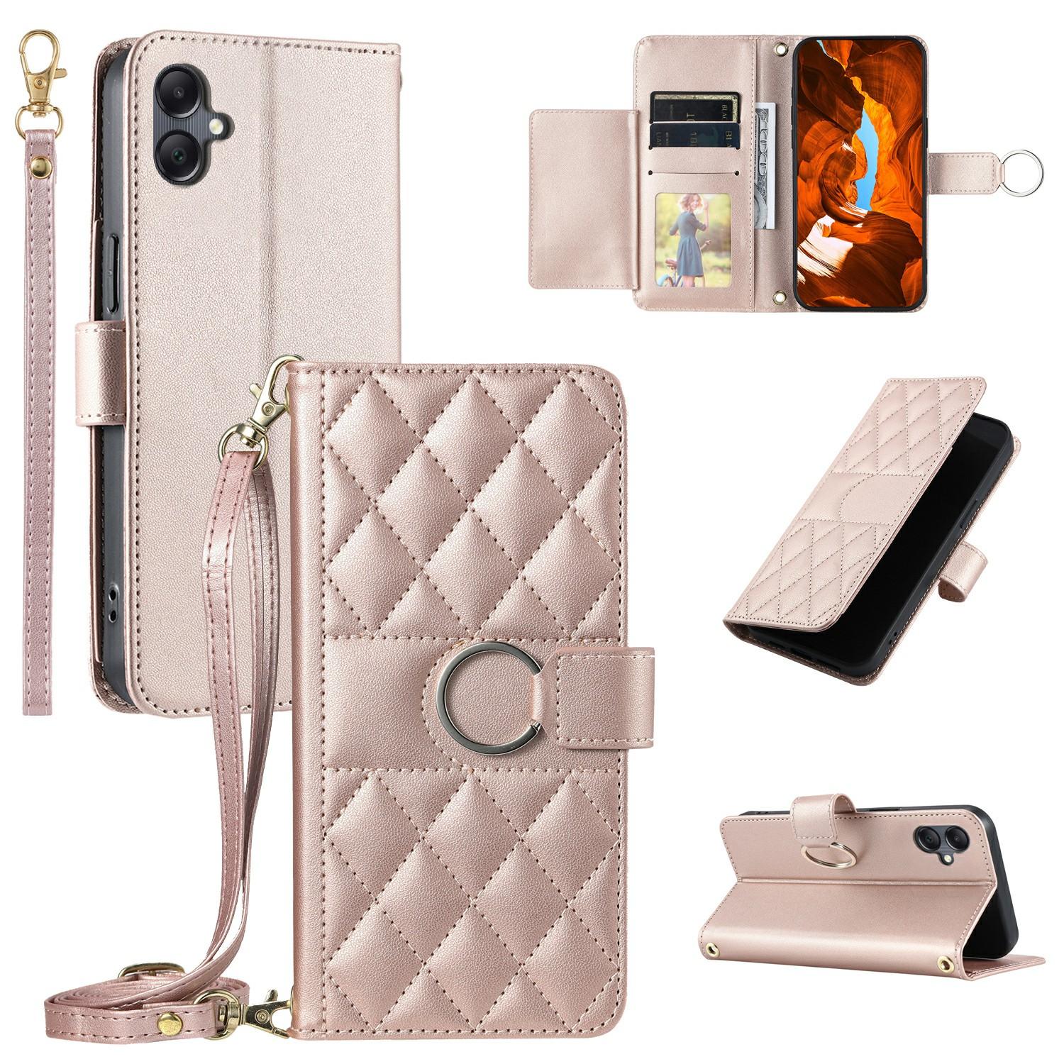 

For Samsung Galaxy A06 4G Crossbody Leather Case Ring Buckle Wallet Stand Rhombus Mobile Cover Rose Gold
