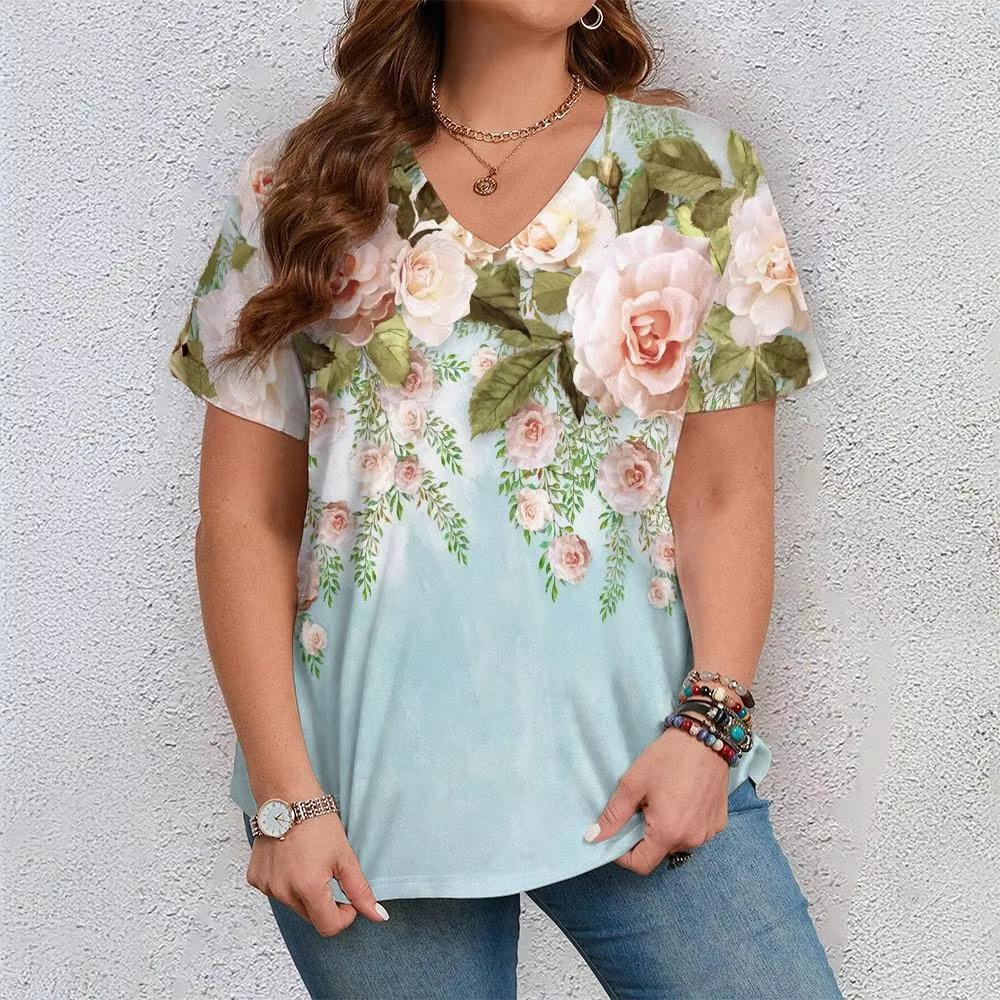 

Повседневная Универсальная Модная Тенденция Высококачественная Футболка с Коротким Рукавом и V-образным Вырезом с Цветочным Узором S