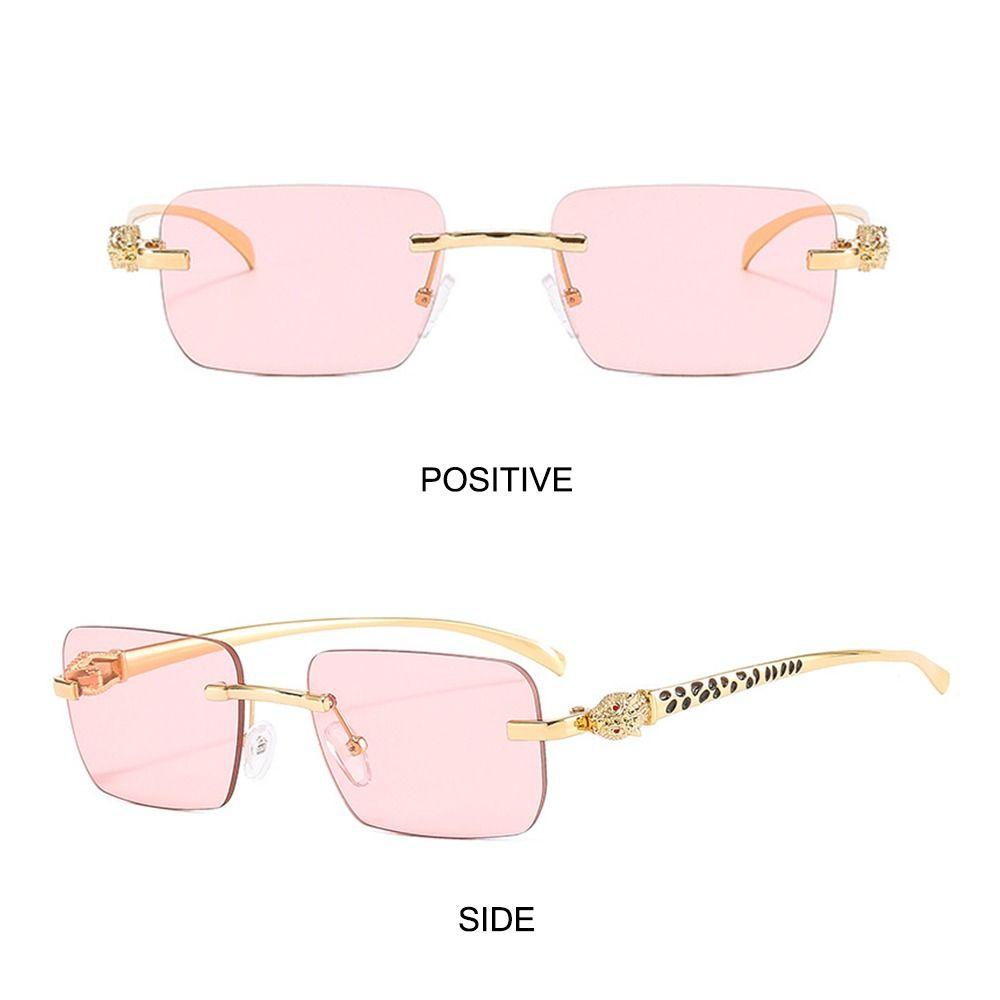 Rimless Leopard Head Decorated Sunglasses Gradient UV Protection Transparent Lens Shades Rectangular Sun Glasses for Women