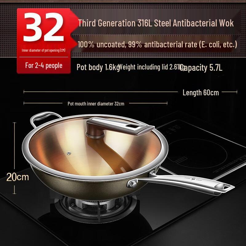 Food-Grade 304/316L Stainless Steel Induction Wok, Non-Stick, Round Bottom, No Coating Default