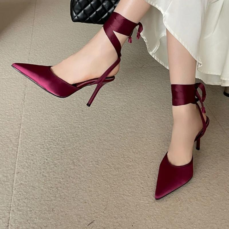 Pesstwei Fashion Slingback Ankle Lace-up Mules Women Pumps Sexy Thin High Heels Pointed Toe Banquet Stripper Shoes