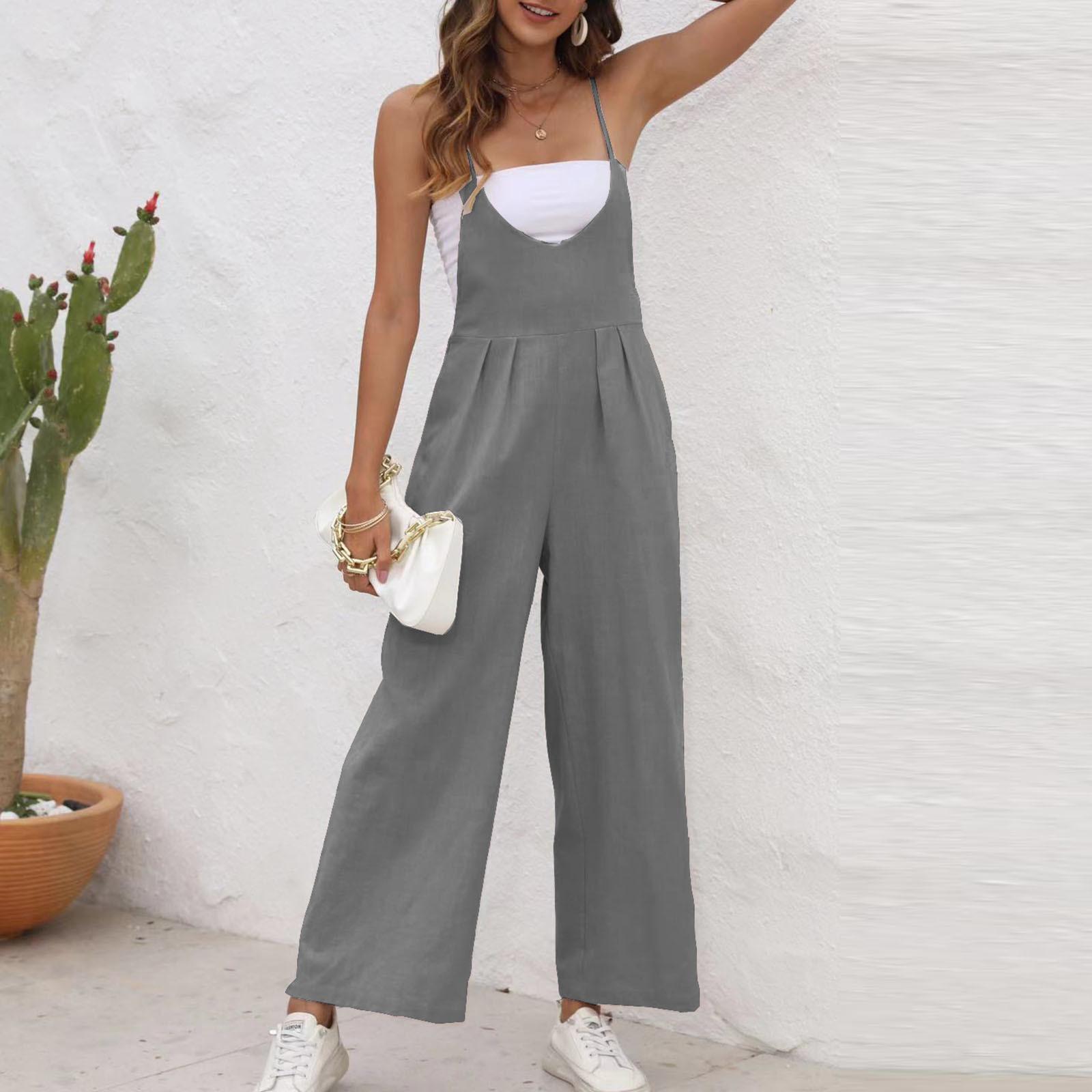 Женские модные летние однотонные брюки без рукавов с v-образным вырезом — фото 7