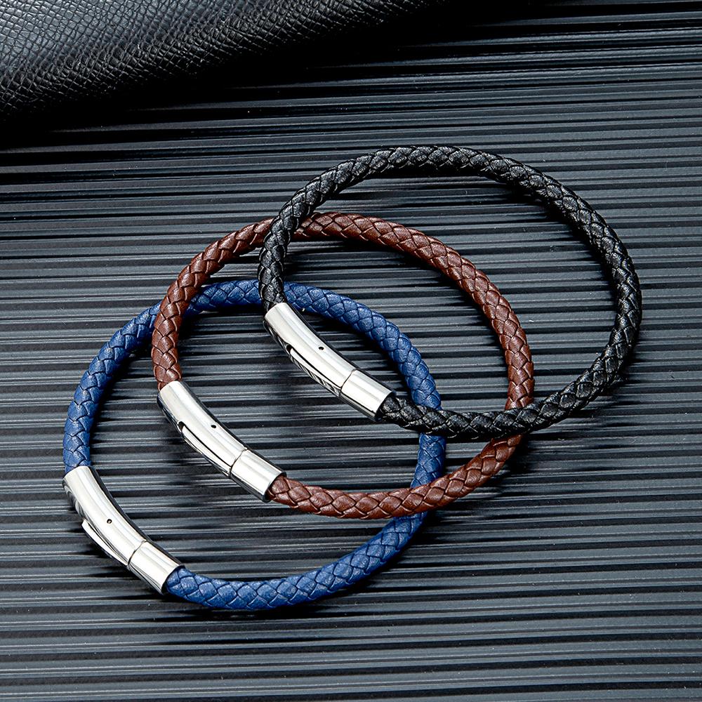 Classic Simple Blue Braided Leather Bracelet Bangle Stainless Steel Magnetic Buckle Jewelry For Men Women Couple