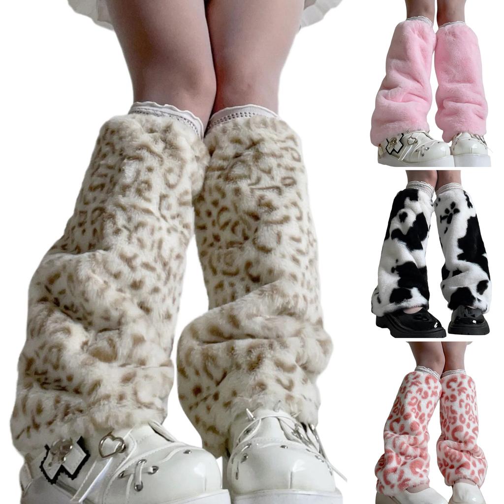 Trendy Plush Leg Warmers for Women Aesthetic Leopard Colorful Furry Boot Cuffs Leg Gaiters Sleeve Footless Long Socks