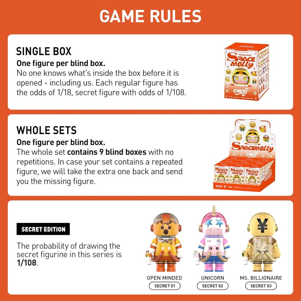 POP MART MEGA Space Molly 100% × Emoji Series, Molly Blind Box Figures, Holiday Birthday Gifts for Girls and Boys, Single Box