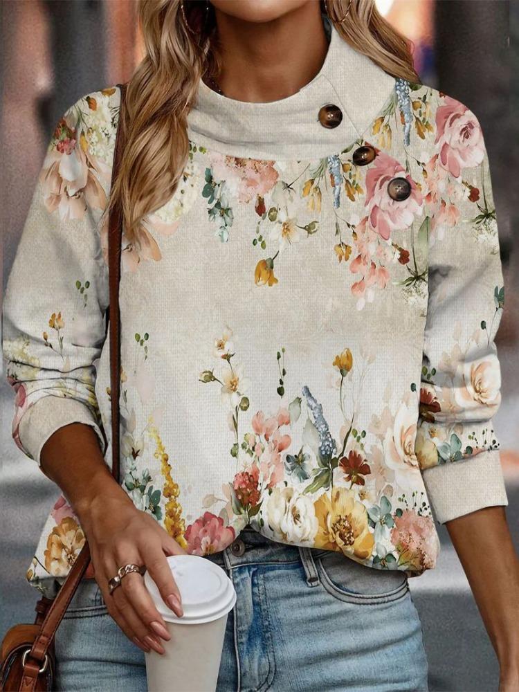 Lässiges Stehkragen Langarm Regular Fit Digitaldruck Damen Oberteile Pullover Trendiges Grafikdesign Bequeme Alltagskleidung für Damen