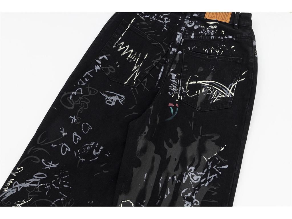 American Graffiti Letter Print Unisex Wide-Leg Jeans