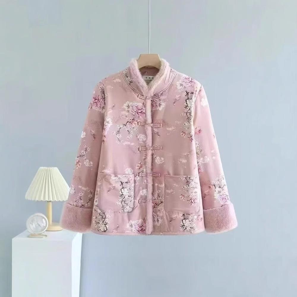 Women's Chinese-Style Fleece-Lined Cotton Jacket: Winter Thickened Retro Outerwear with Frog Buttons