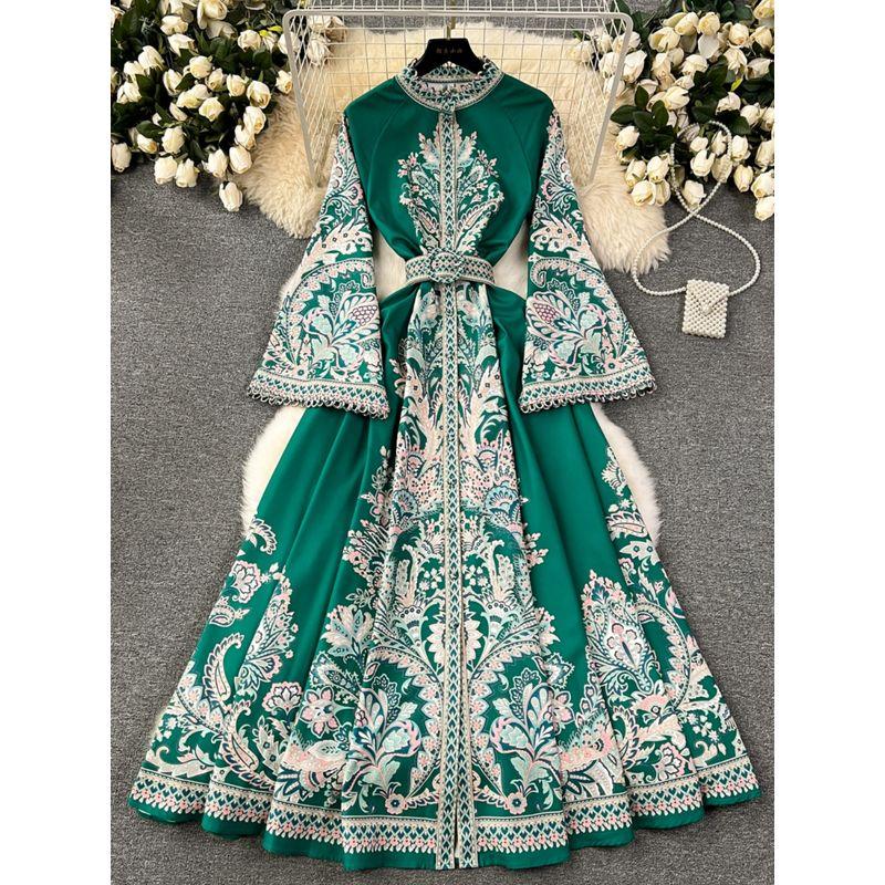 Spring New Arrival French Style Vintage Court Style Print Dress Women's Fancy Loose Fitted Waist Flare-Sleeve Dress