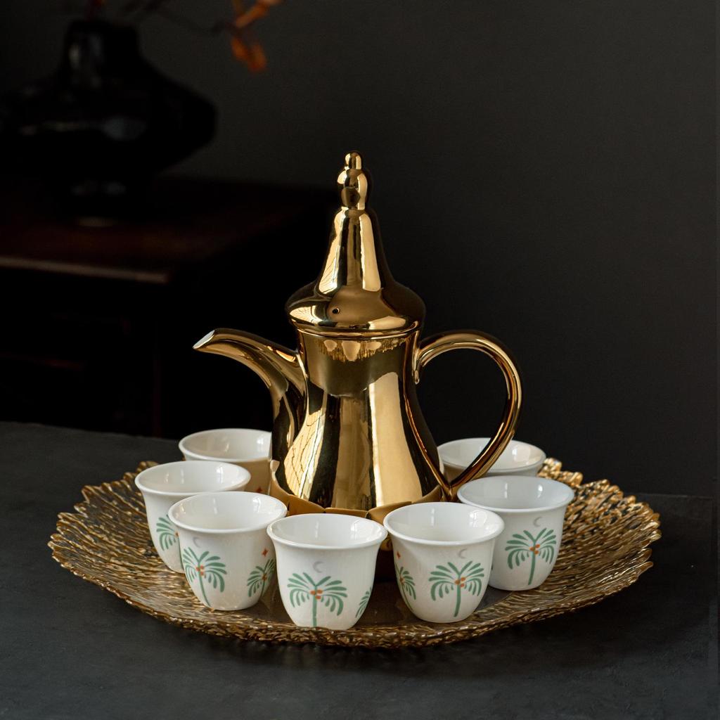 Set von 6 Arabischen Keramik-Kaffeetassen (70ml) - Mini Kava Design in Grün und Grau