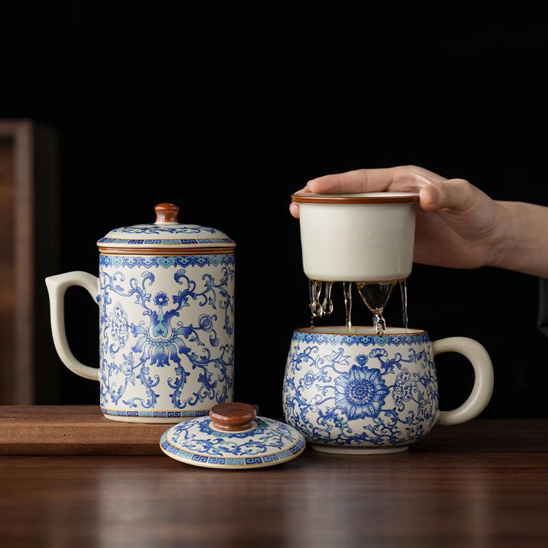 Chaxun Ru Ware Blue and White Floral Office Teacup Gift Set