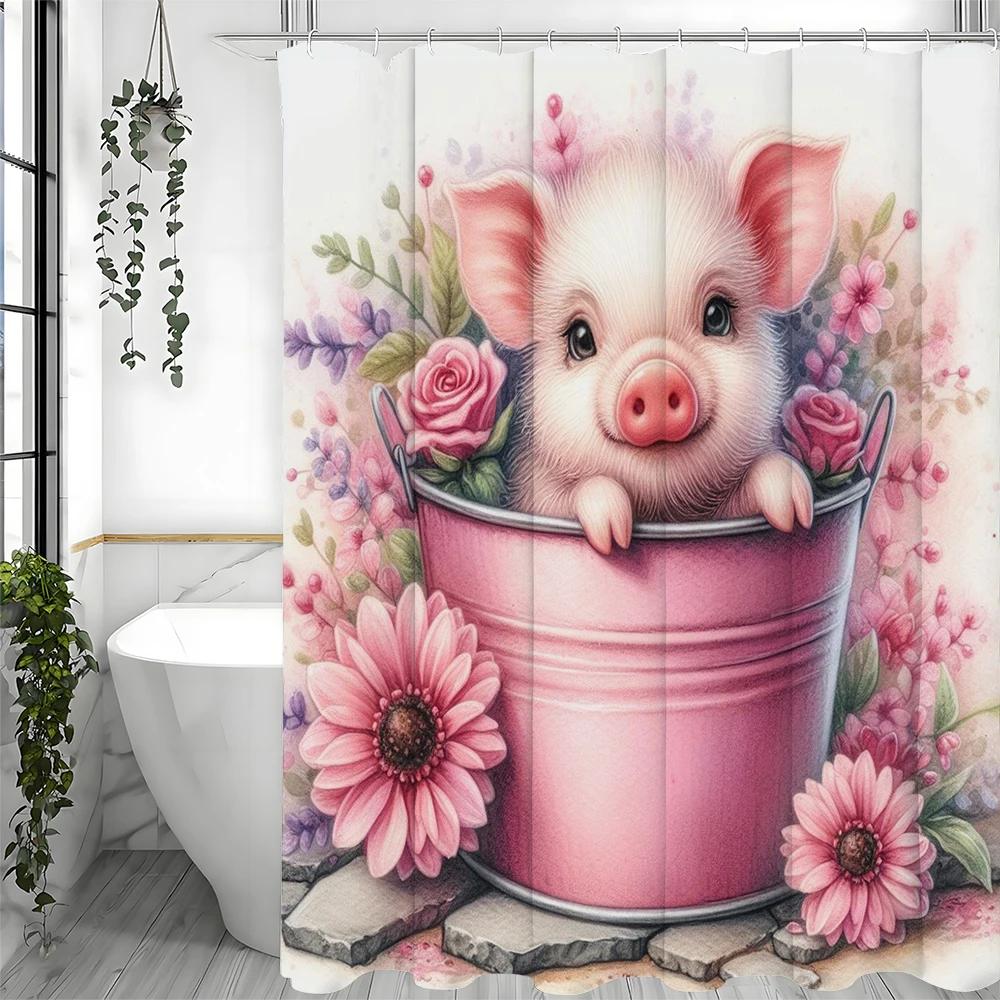 Piggy Floral Shower Curtain in Pink Ironton, Bathroom Decorative Shower Curtain, Waterproof Shower Curtain with Hooks