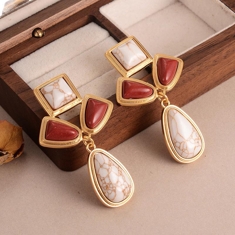 Natural stone geometric fringed earrings personalized niche retro high sense medieval vintage design sense women's earrings