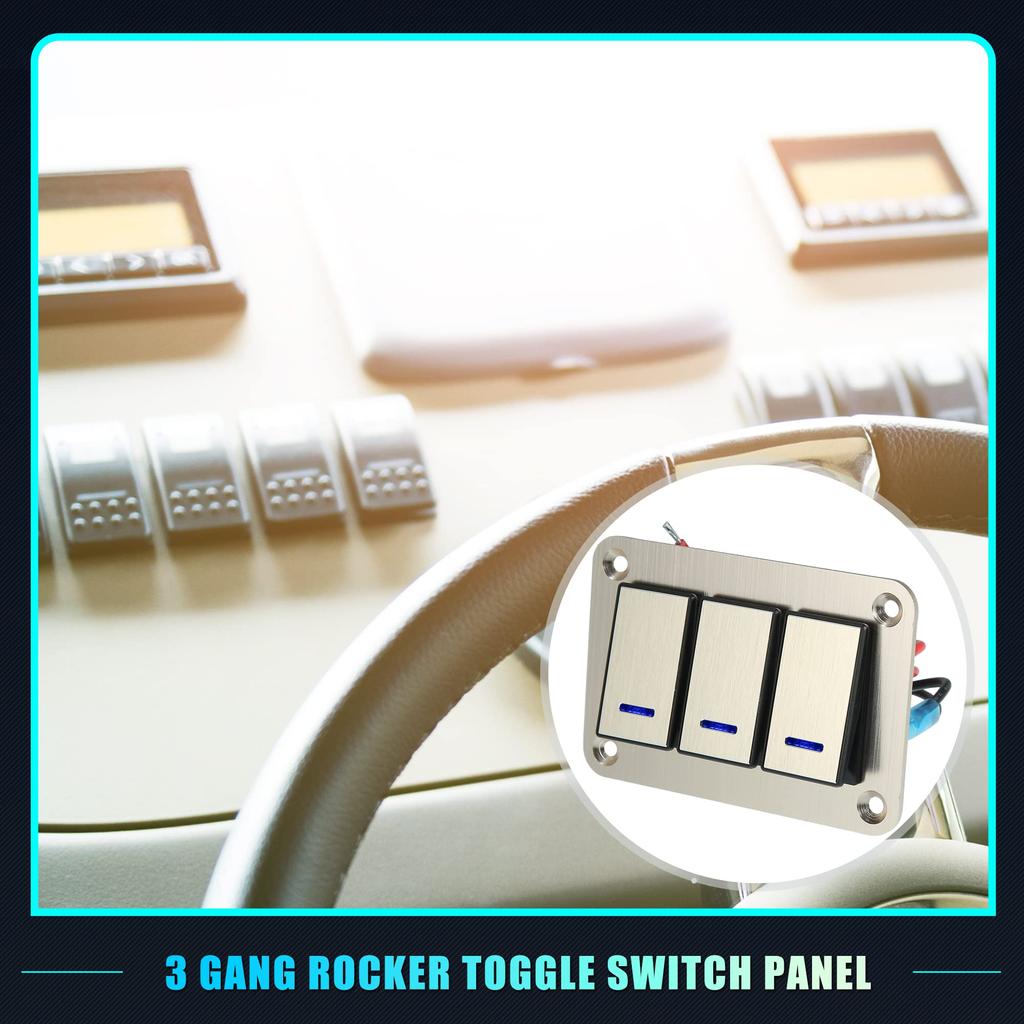 uxcell Rocker Switch Toggle Switch Waterproof Aluminum Alloy with Blue LED Light and Push Button for Gold Tone 3-Gang Panel, 5-Pin On/Off Pre-Wired