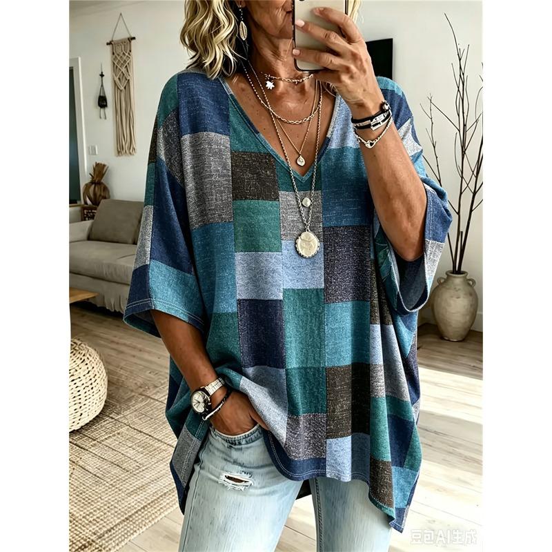 Plus-Size Women's V-Neck Batwing Sleeve T-Shirt Bohemian Ethnic Print Loose Top Summer Comfortable Breathable Daily Commute Casual Slimming Style