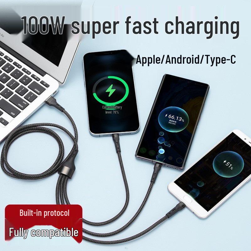 PD100W 3-in-1 Fast Charging Cable for iPhone 15, Android, and LeEco Devices