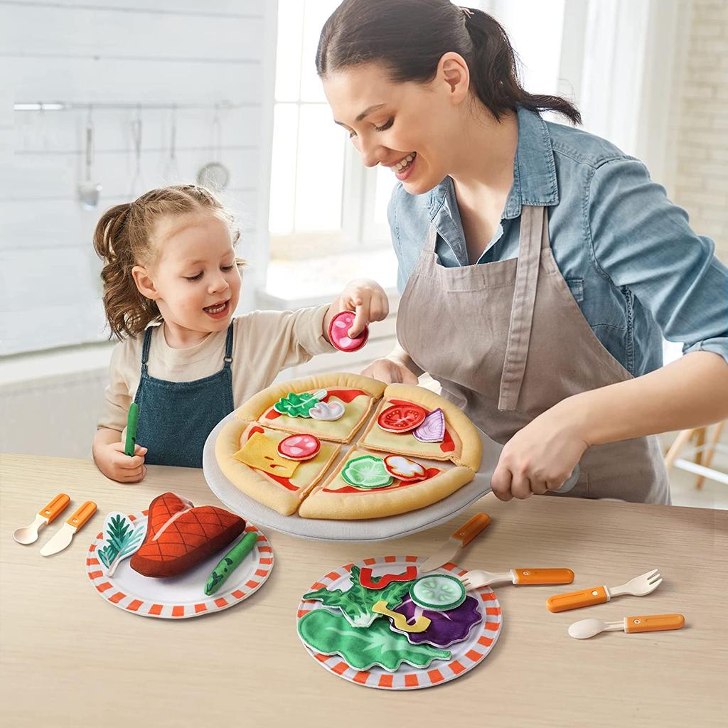 TUMAMA Pretend Play Food Set,Felt Pizza Food Toy,Play Cutting Pizza Toys with Beef Steak,Vegetables,Dinnerware and Plates Accessories for Toddlers