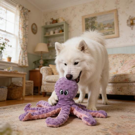 Plush Octopus Dog Toy Squeaky Crinkle Paper Chew Toy Interactive Soft Stuffed Puppy Teething Toy for Tug-of-War Small Medium Large Dogs