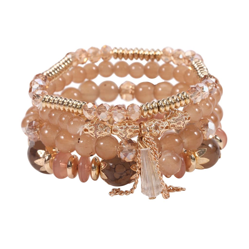 Bohemian Bracelet Imitation Agate Chain Tassel Colored Glass Electroplated Crystal Set Of Four
